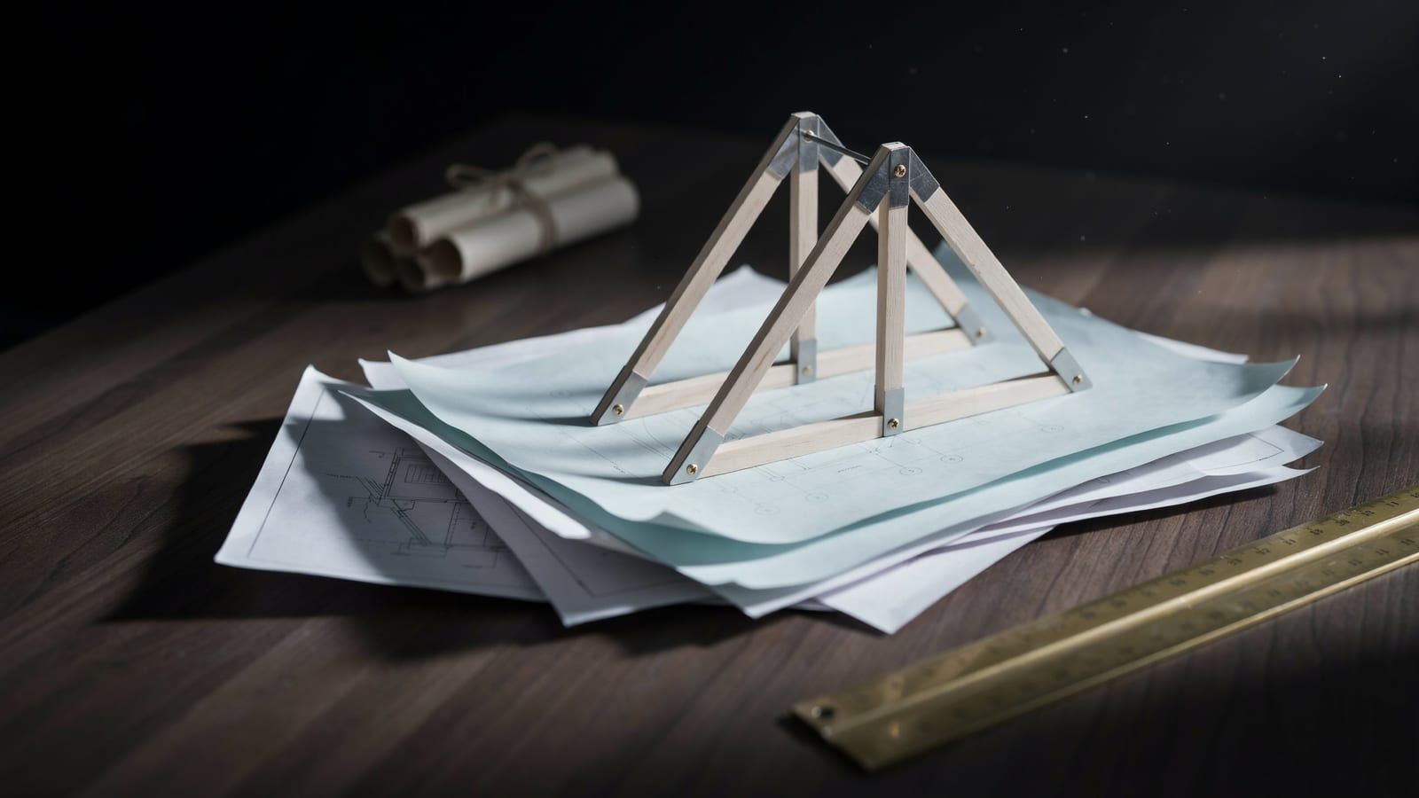 Maqueta de una cercha de madera sobre planos de proyecto, con rollos de papel y una regla metálica en una mesa oscura