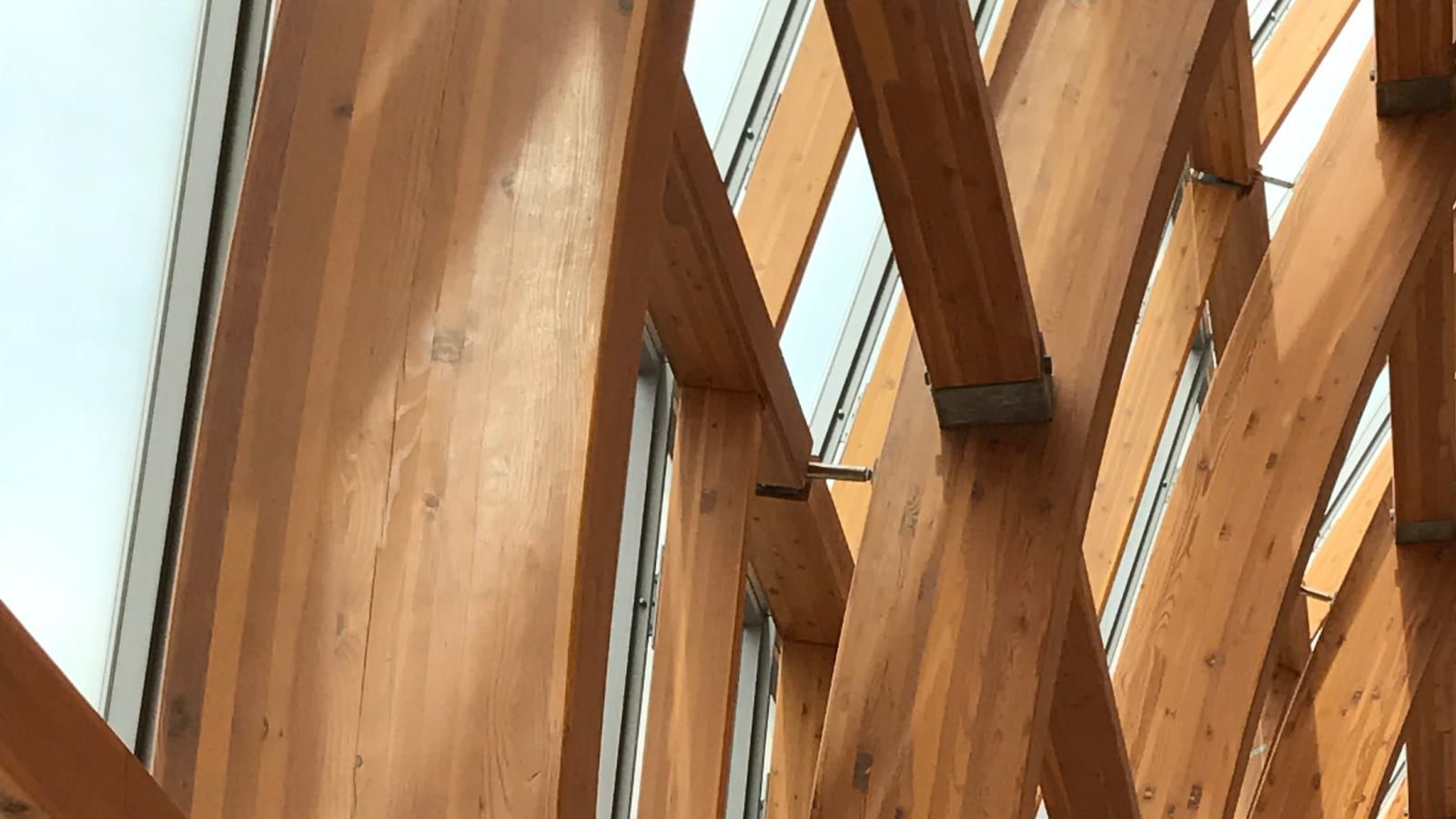 Pilares curvos y vigas de madera laminada junto a un ventanal, unidos con herrajes de acero